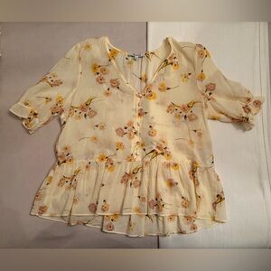 madewell floral mesh blouse with puffy sleeves and v neck
